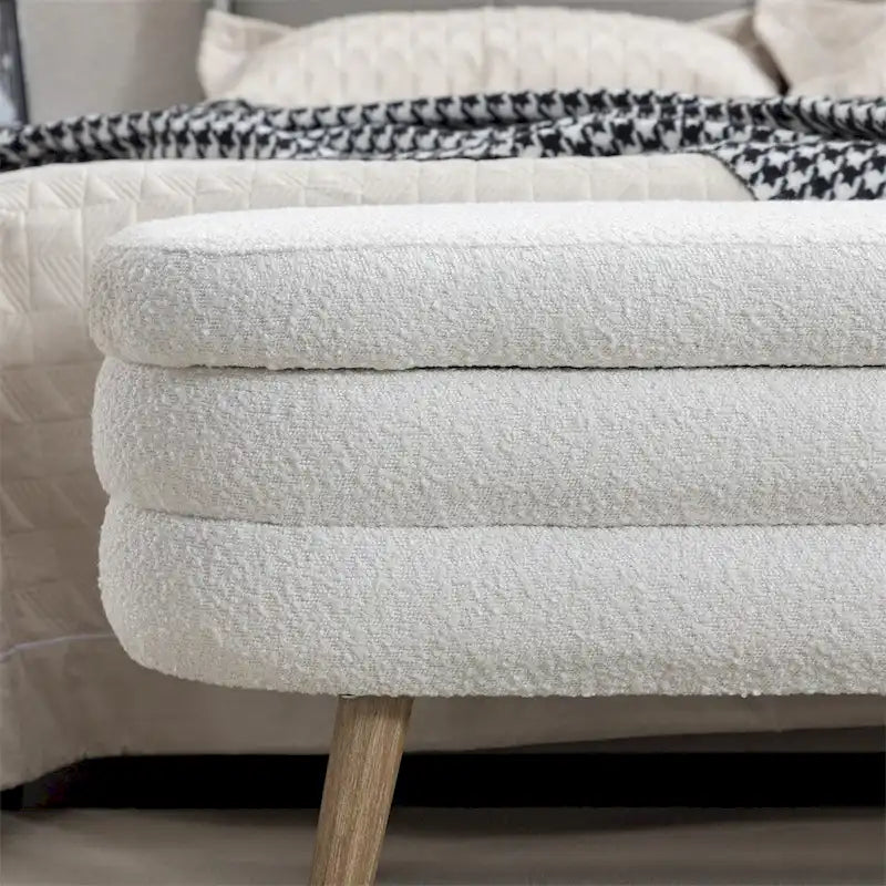Boucle Fabric Storage Bench Bedroom Bench w/Wood Legs For Living Room