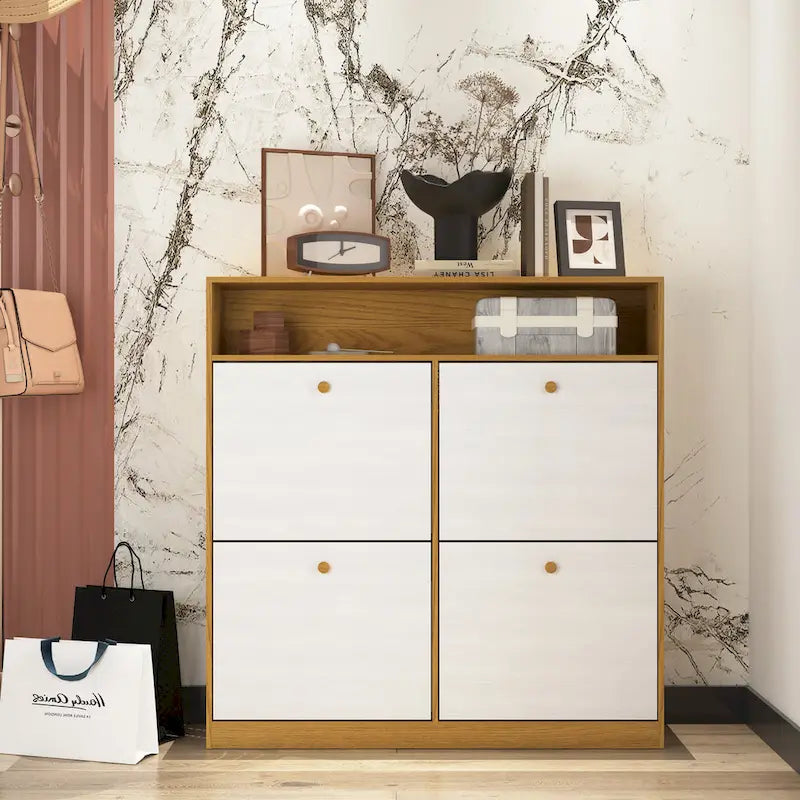Shoe Storage Cabinet with 4 Flip Drawers, Shoe Rack Organizer with Handle Freestanding Shoe Cabinet with Anti-tip Fitting