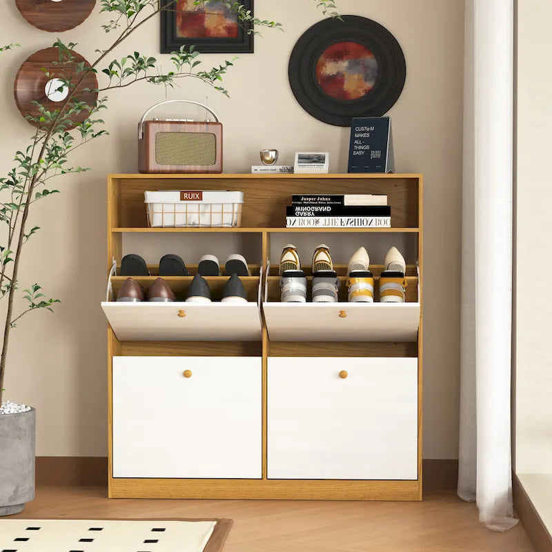 Shoe Storage Cabinet with 4 Flip Drawers, Shoe Rack Organizer with Handle Freestanding Shoe Cabinet with Anti-tip Fitting
