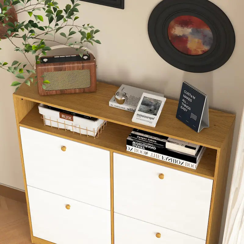 Schuhschrank mit 4 Klappschubladen, Schuhregal-Organizer mit Griff, freistehender Schuhschrank mit Kippschutz