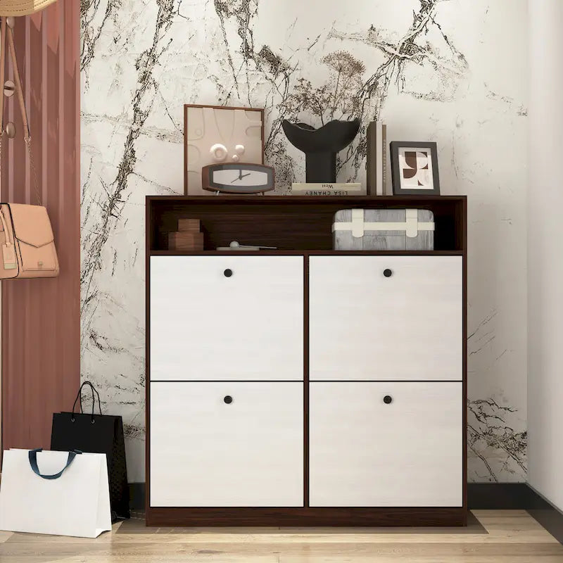 Schuhschrank mit 4 Klappschubladen, Schuhregal-Organizer mit Griff, freistehender Schuhschrank mit Kippschutz