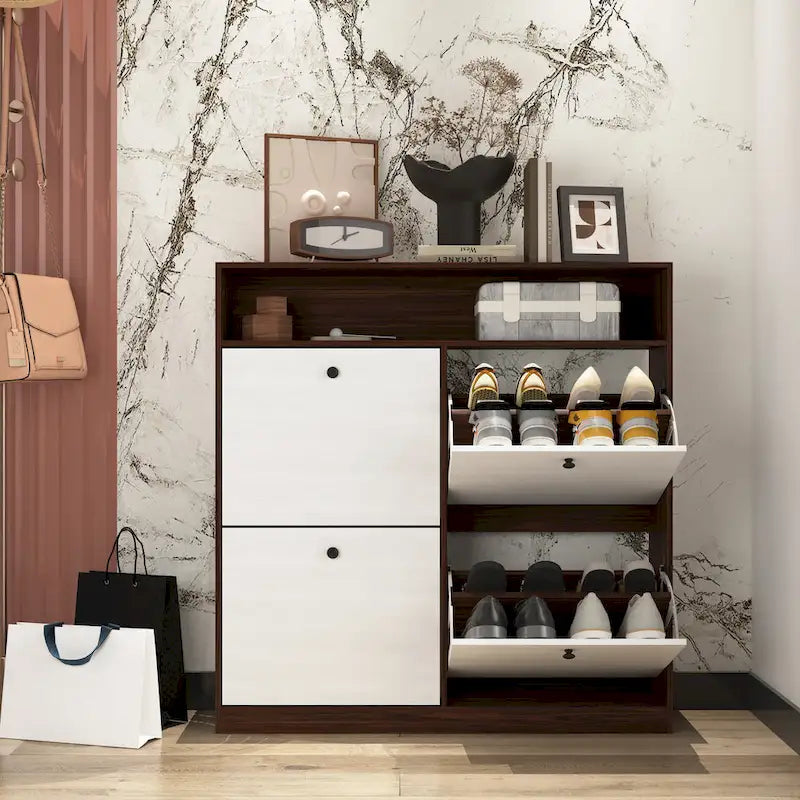 Schuhschrank mit 4 Klappschubladen, Schuhregal-Organizer mit Griff, freistehender Schuhschrank mit Kippschutz