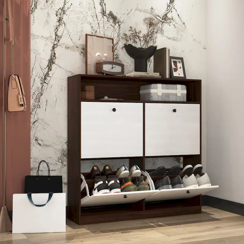 Schuhschrank mit 4 Klappschubladen, Schuhregal-Organizer mit Griff, freistehender Schuhschrank mit Kippschutz