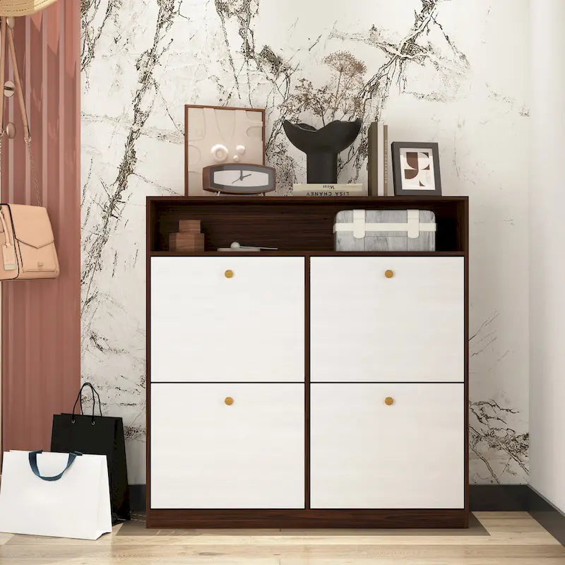 Schuhschrank mit 4 Klappschubladen, Schuhregal-Organizer mit Griff, freistehender Schuhschrank mit Kippschutz