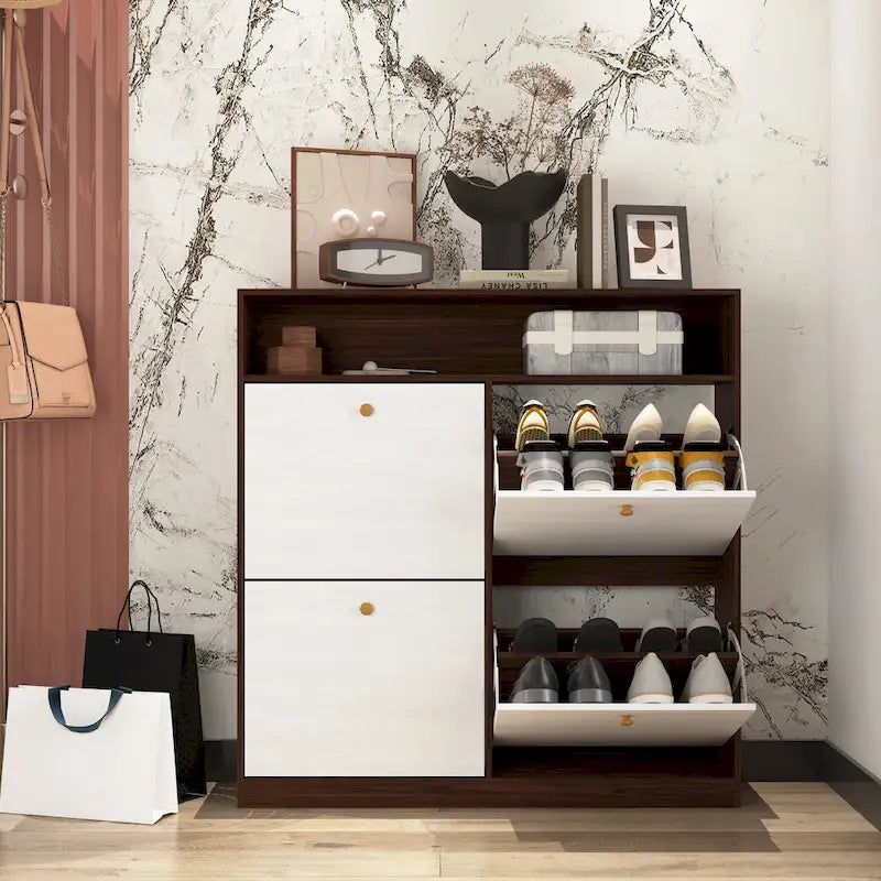 Schuhschrank mit 4 Klappschubladen, Schuhregal-Organizer mit Griff, freistehender Schuhschrank mit Kippschutz