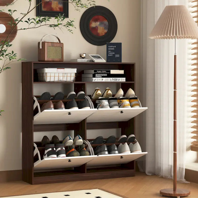 Schuhschrank mit 4 Klappschubladen, Schuhregal-Organizer mit Griff, freistehender Schuhschrank mit Kippschutz