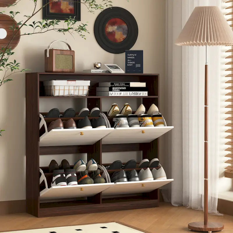 Schuhschrank mit 4 Klappschubladen, Schuhregal-Organizer mit Griff, freistehender Schuhschrank mit Kippschutz