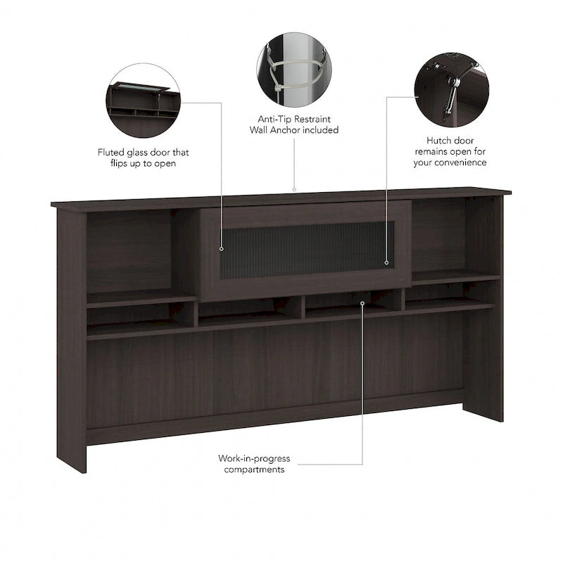 72W Desk Hutch with Fluted Glass Door - 72x12x36 in.
