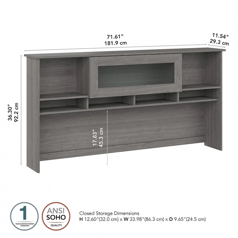 72W-Aufsatzschrank für den Schreibtisch mit geriffelter Glastür - 72x12x36 in.