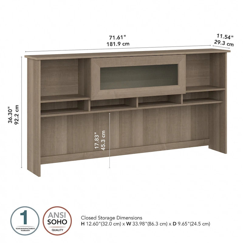 72W-Aufsatzschrank für den Schreibtisch mit geriffelter Glastür - 72x12x36 in.