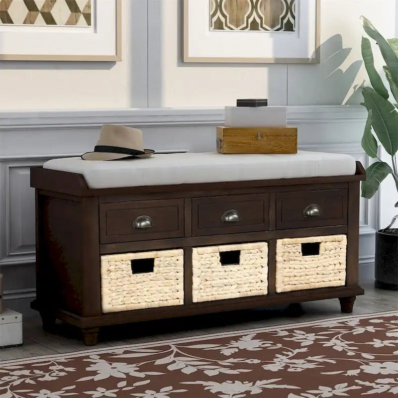 3-Drawer Storage Bench with 3 Rattan Baskets and Linen Cushion