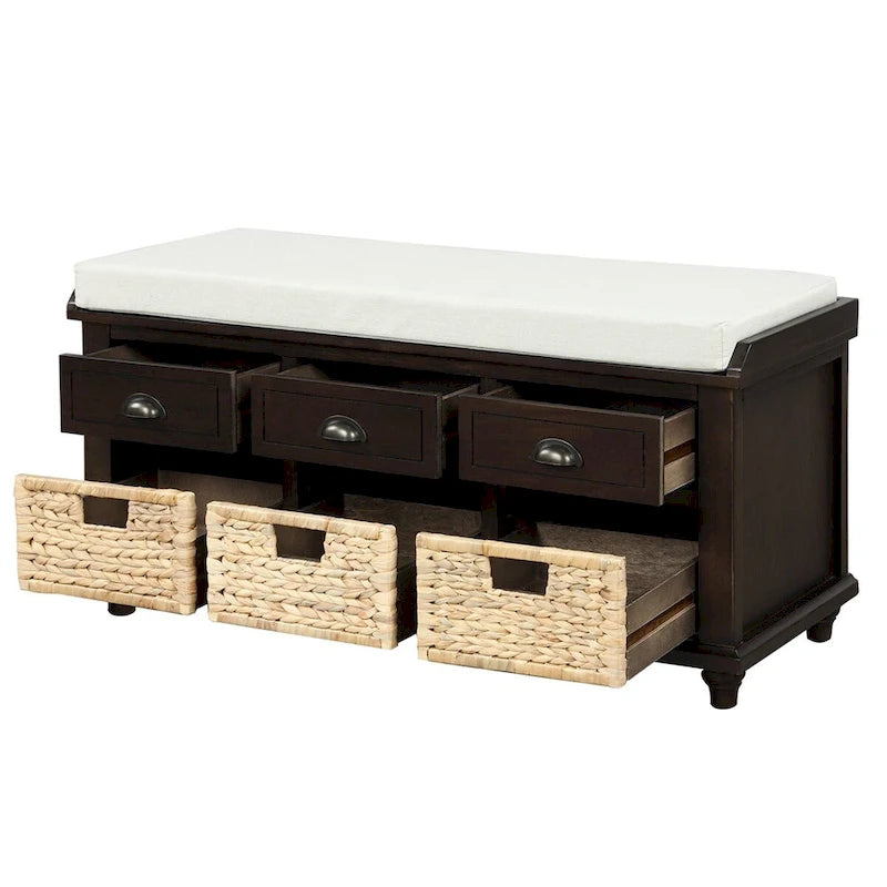 3-Drawer Storage Bench with 3 Rattan Baskets and Linen Cushion