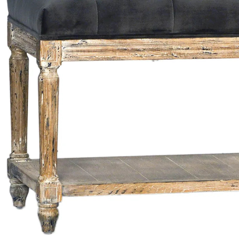 Upholstered Bench with Tufting and Storage Shelf - Charcoal Grey, 59 in.