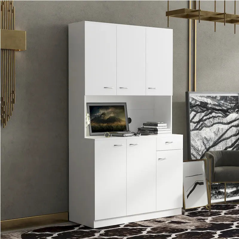 Weißer, 71 Zoll hoher Küchenvorrats- und Buffetschrank mit 6 Türen, 1 offenem Fach und 1 Schublade - 39.37B x 15.35 T x 70.87H