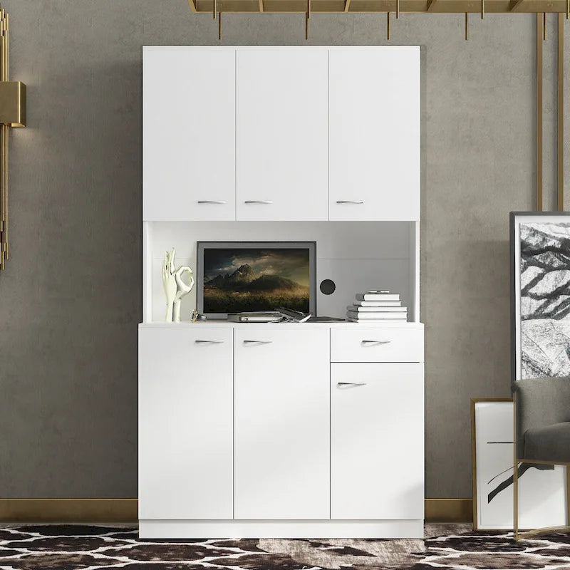 Weißer, 71 Zoll hoher Küchenvorrats- und Buffetschrank mit 6 Türen, 1 offenem Fach und 1 Schublade - 39.37B x 15.35 T x 70.87H