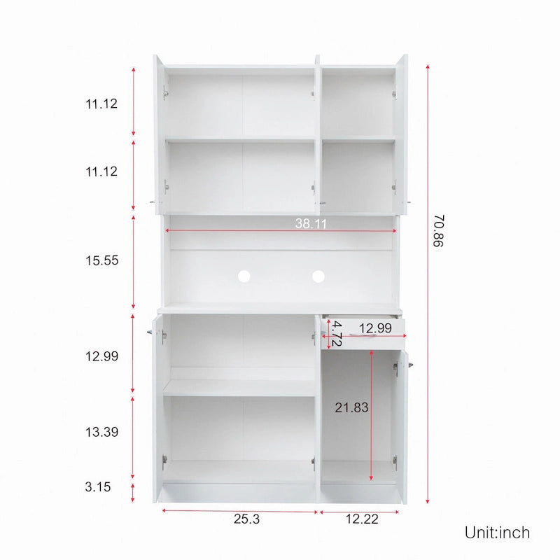 Weißer, 71 Zoll hoher Küchenvorrats- und Buffetschrank mit 6 Türen, 1 offenem Fach und 1 Schublade - 39.37B x 15.35 T x 70.87H