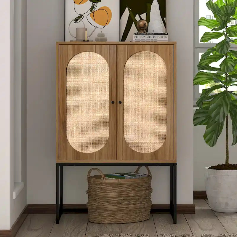 Rattan Decor Home Office Storage Cabinet, 2-Door with Adjustable Shelf