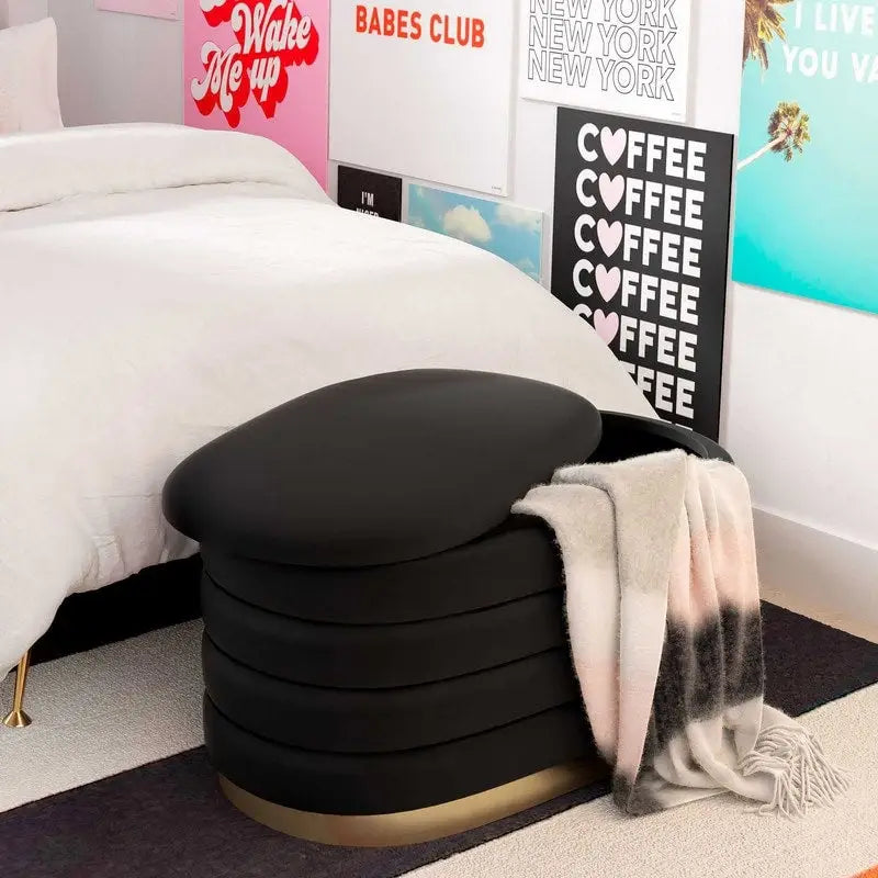 Velvet Storage Bench with Gold Base and Channel Tufting