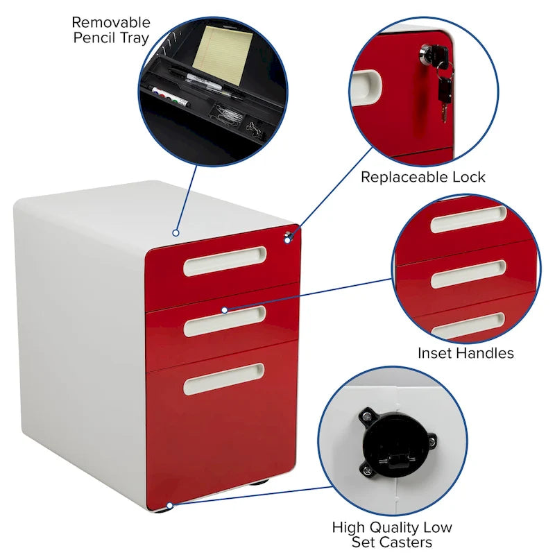 Ergonomic 3-Drawer Mobile Locking Filing Cabinet Storage Organizer