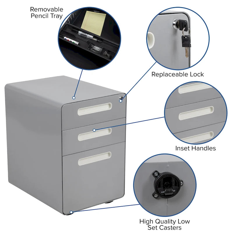 Ergonomic 3-Drawer Mobile Locking Filing Cabinet Storage Organizer