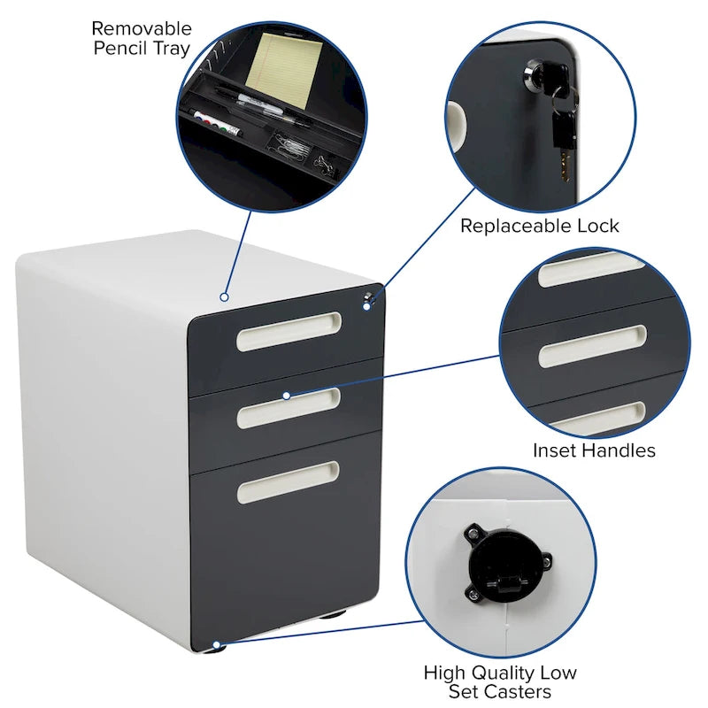 Ergonomic 3-Drawer Mobile Locking Filing Cabinet Storage Organizer
