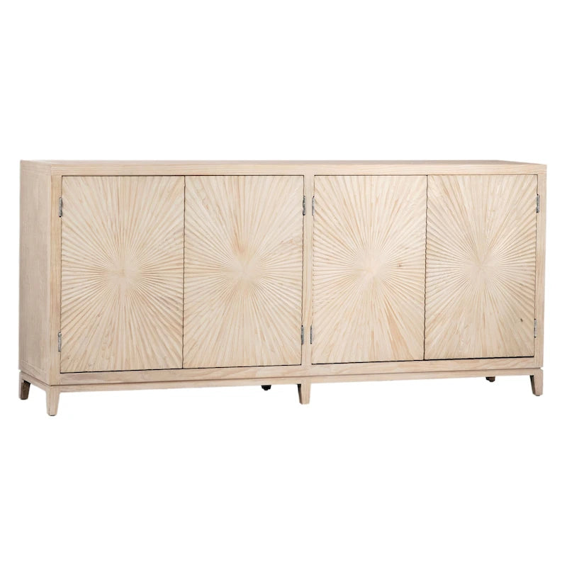 Sideboard aus Kiefernholz, 79 Zoll, mit handgeschnitzten Türen mit Sonnenstrahlenmotiv - Helle Waschung