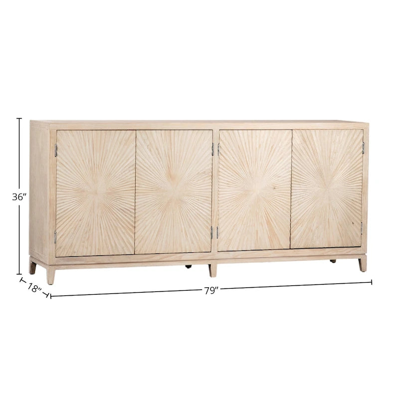Sideboard aus Kiefernholz, 79 Zoll, mit handgeschnitzten Türen mit Sonnenstrahlenmotiv - Helle Waschung