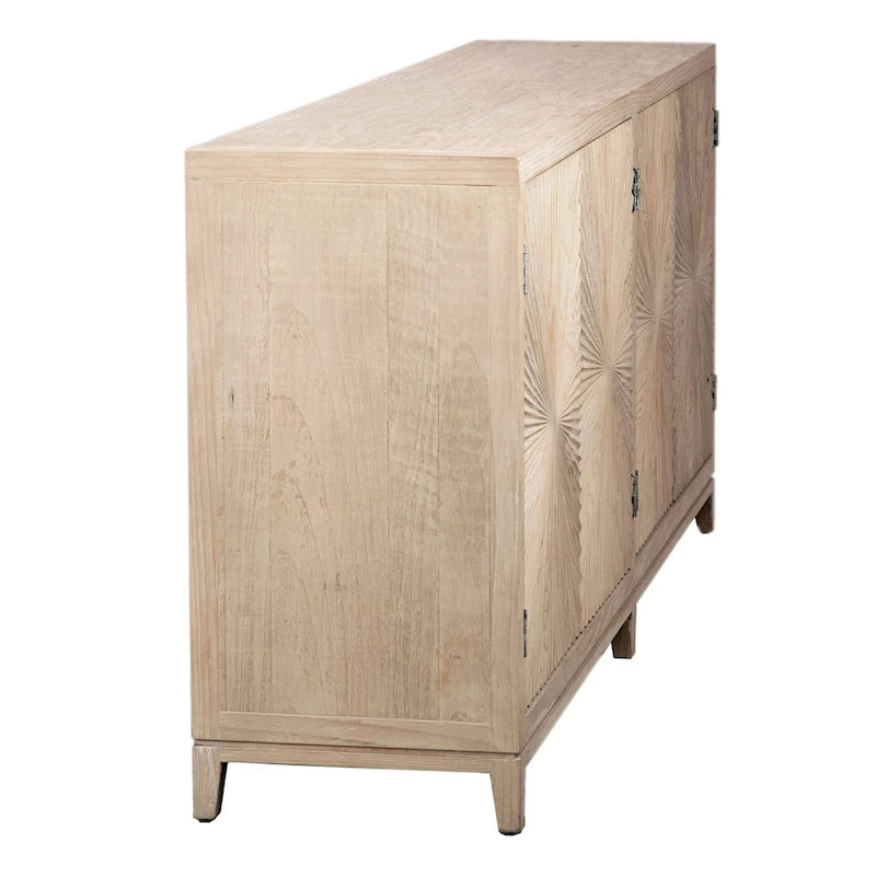 79-inch Pine Sideboard with Hand Carved Sunburst Door Fronts - Light Wash