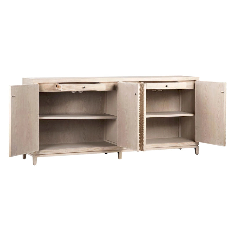 79-inch Pine Sideboard with Hand Carved Sunburst Door Fronts - Light Wash