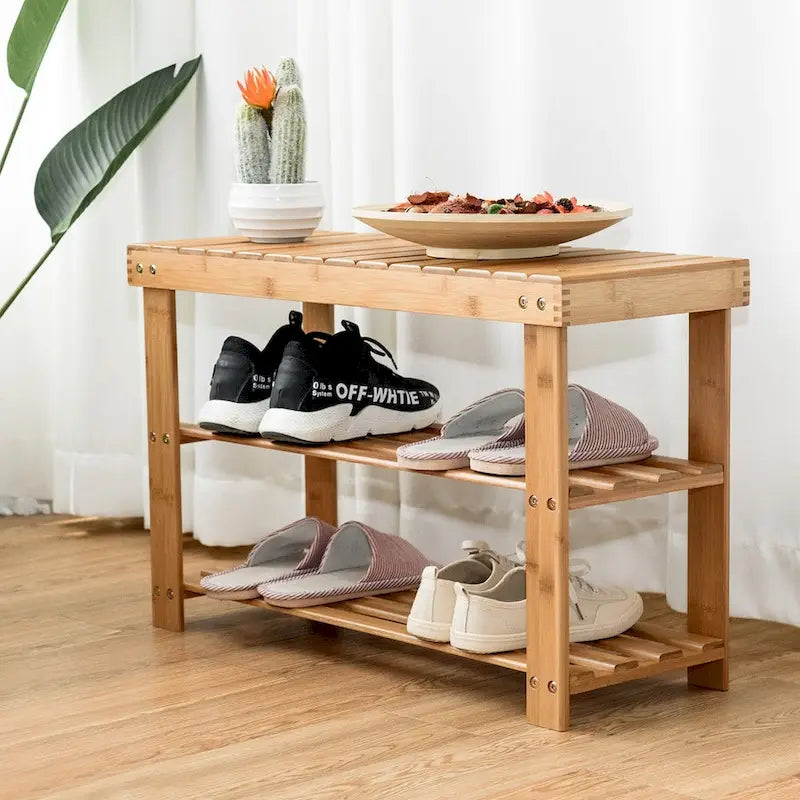 Bambus-Schuhbank mit 2 Ebenen und Stauraum für den Eingangsbereich - 27.5L x 11.0B x 18.0H