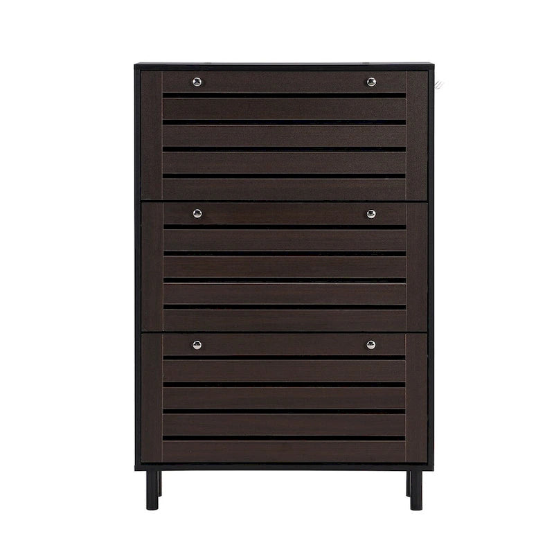 Minimalist Slim Shoe Cabinet with Hanging Hooks and 3 Flip Drawers - Dark Brown
