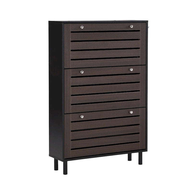 Minimalist Slim Shoe Cabinet with Hanging Hooks and 3 Flip Drawers - Dark Brown