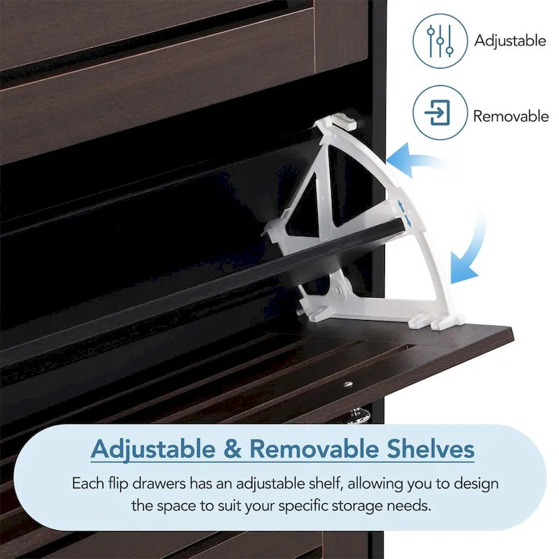 Minimalist Slim Shoe Cabinet with Hanging Hooks and 3 Flip Drawers - Dark Brown