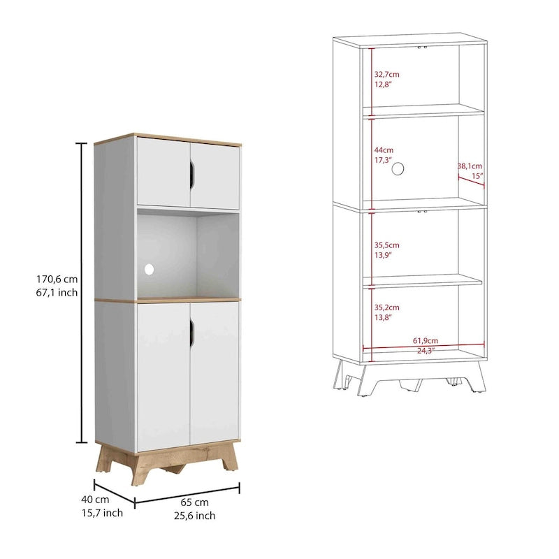Microwave Tall Cabinet Counter Surface, Top And Lower Double Doors Cabinets -Light Oak / White