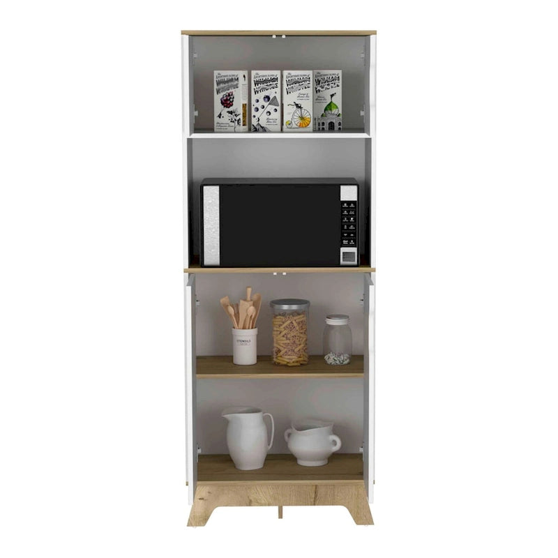 Microwave Tall Cabinet Counter Surface, Top And Lower Double Doors Cabinets -Light Oak / White
