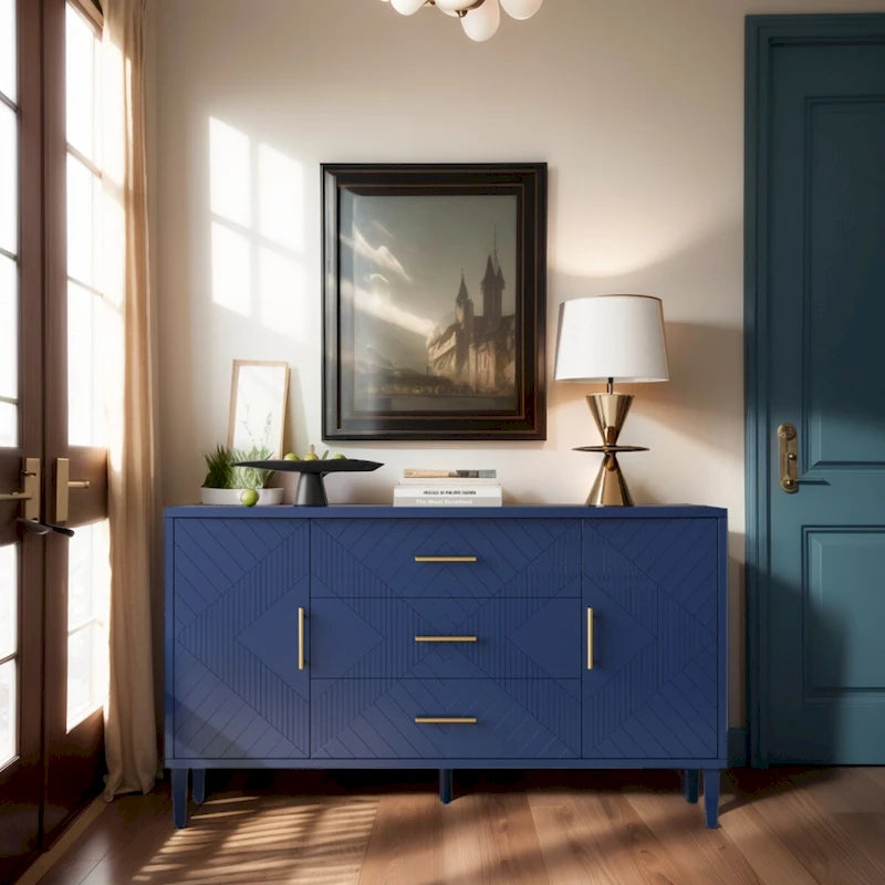 Stilvoller und funktionaler Schrank mit 2 Türen und 3 Schubladen, Schnitzoptik, für Schlafzimmer, Wohnzimmer und Büro, einfache Montage, Marineblau