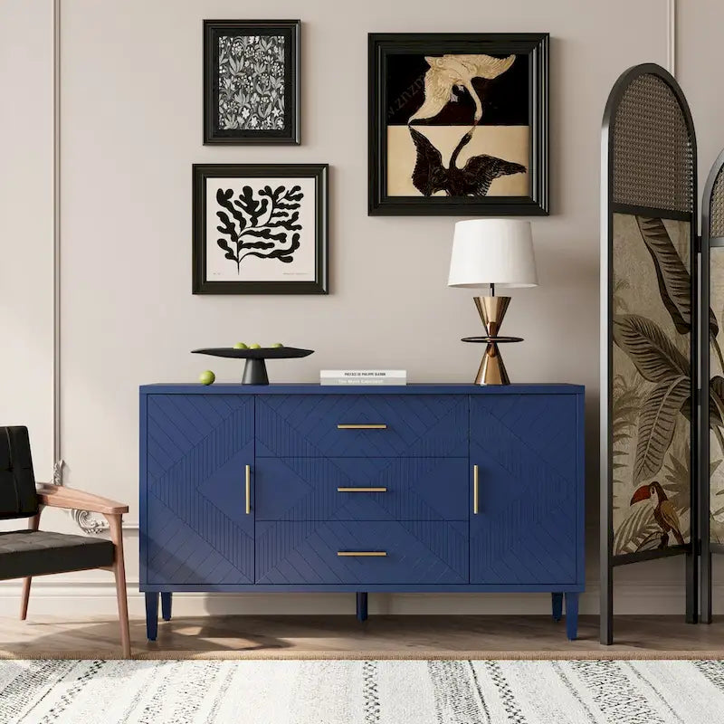 Stilvoller und funktionaler Schrank mit 2 Türen und 3 Schubladen, Schnitzoptik, für Schlafzimmer, Wohnzimmer und Büro, einfache Montage, Marineblau
