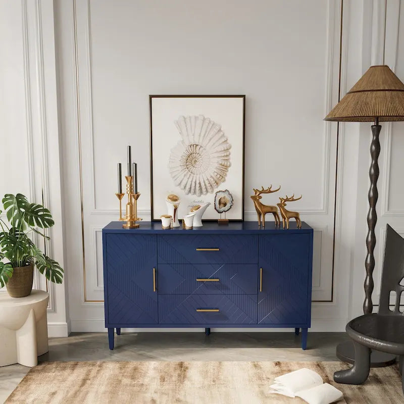 Stilvoller und funktionaler Schrank mit 2 Türen und 3 Schubladen, Schnitzoptik, für Schlafzimmer, Wohnzimmer und Büro, einfache Montage, Marineblau