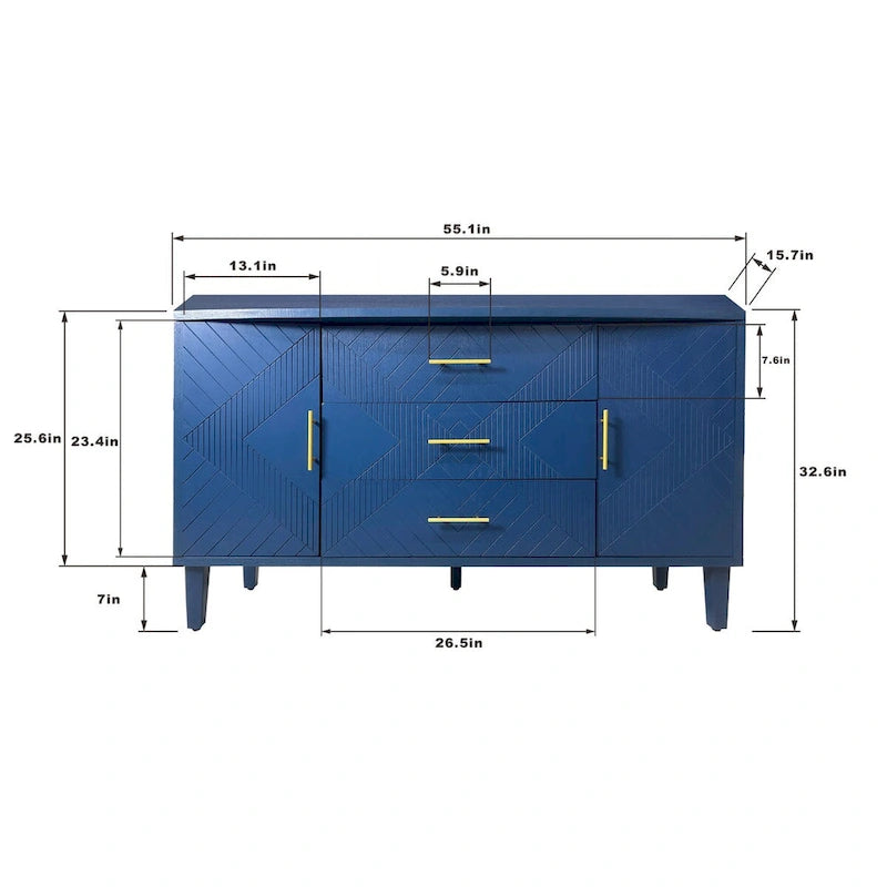 Stilvoller und funktionaler Schrank mit 2 Türen und 3 Schubladen, Schnitzoptik, für Schlafzimmer, Wohnzimmer und Büro, einfache Montage, Marineblau