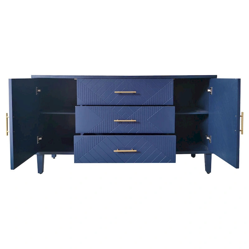 Stilvoller und funktionaler Schrank mit 2 Türen und 3 Schubladen, Schnitzoptik, für Schlafzimmer, Wohnzimmer und Büro, einfache Montage, Marineblau