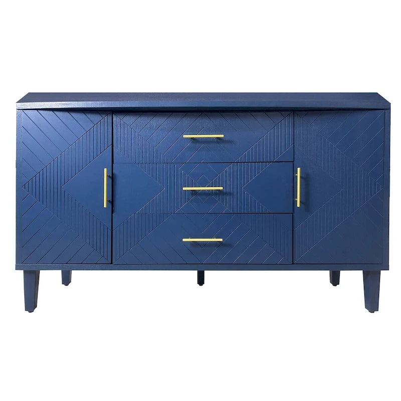 Stilvoller und funktionaler Schrank mit 2 Türen und 3 Schubladen, Schnitzoptik, für Schlafzimmer, Wohnzimmer und Büro, einfache Montage, Marineblau