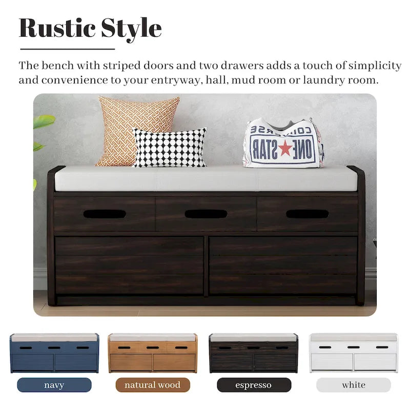 Rustic Storage Bench with 2 Drawers and Hidden Storage - 40.9 x 15 in. Seat