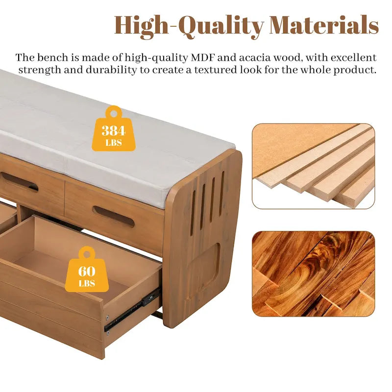 Rustic Storage Bench with 2 Drawers and Hidden Storage - 40.9 x 15 in. Seat