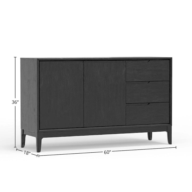 Vintage Black Server with 3 Drawers and 2 Cabinets - 60x18x36 in.