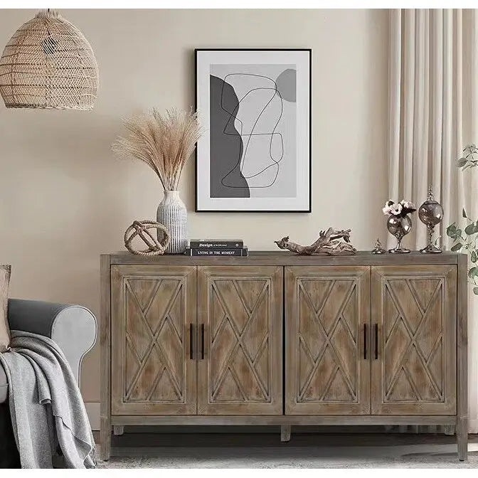 4 Door Wooden Twill Sideboard American Country Vintage Old Living Room Dining Room Hallway Entryway Cabinet