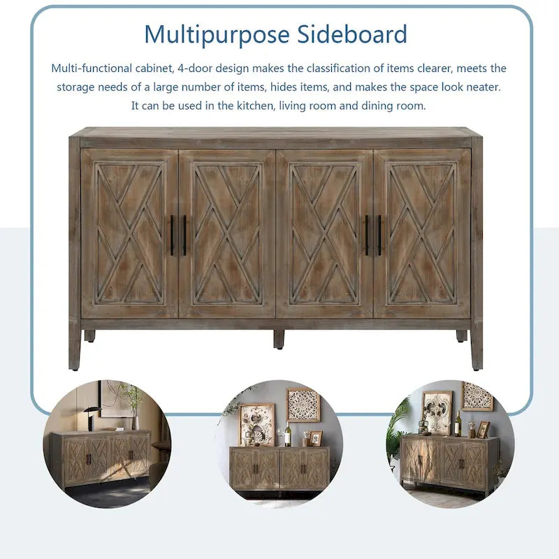 4 Door Wooden Twill Sideboard American Country Vintage Old Living Room Dining Room Hallway Entryway Cabinet