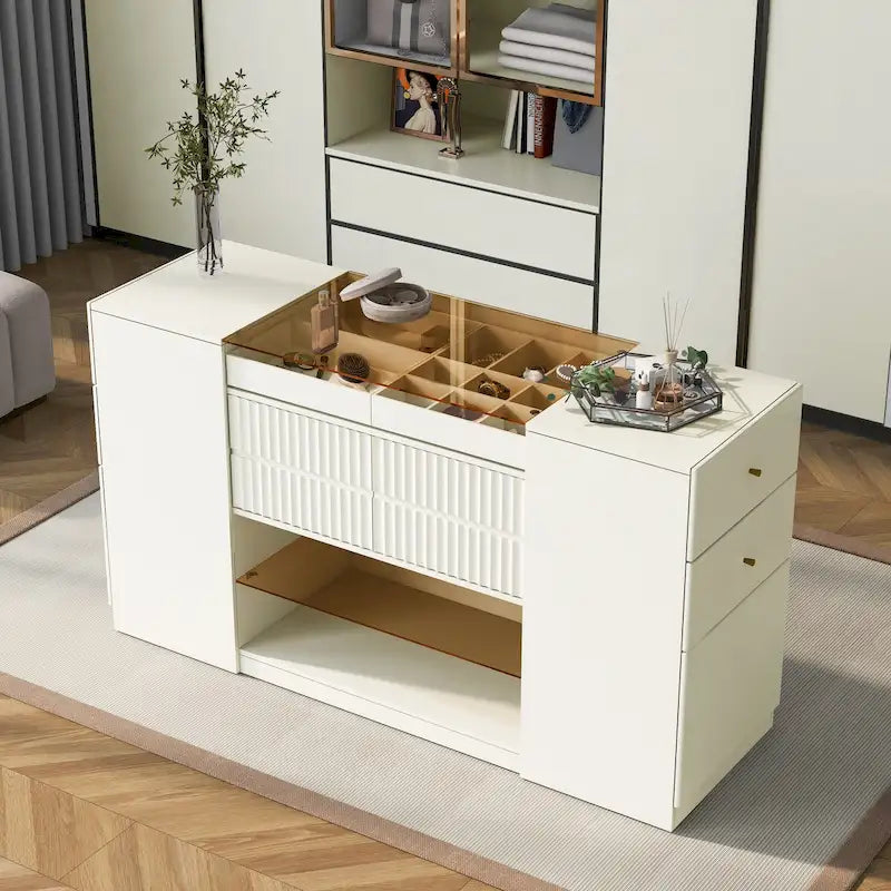 Multifunktionaler Schminktisch mit Insel, Stauraumschrank, Glasplatte, Präsentationsablage und 6 Schubladen