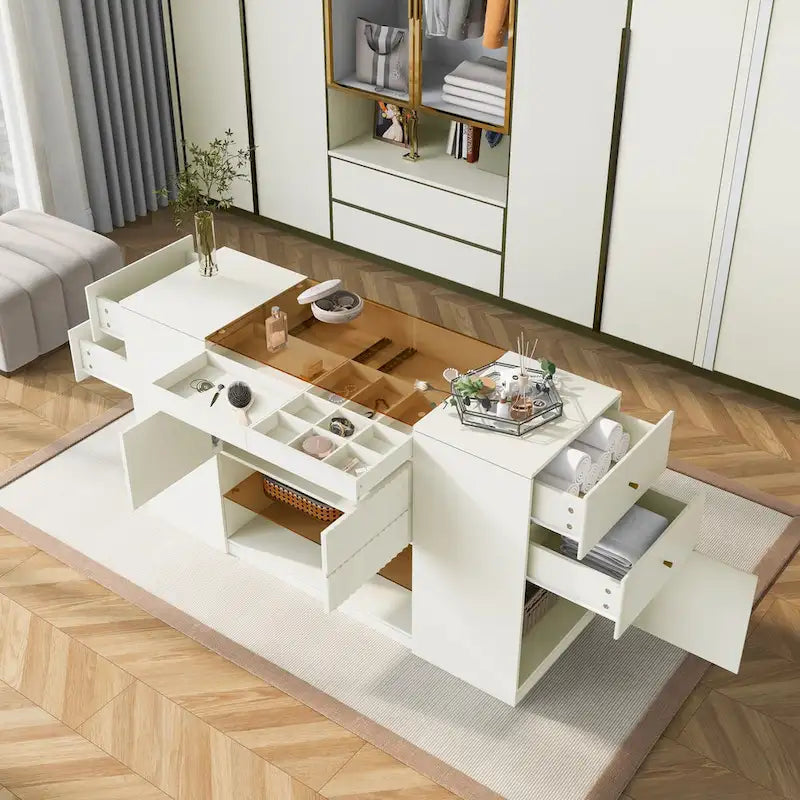 Multi-Functional Island Vanity Dresser and Storage Cabinet with Glass Tabletop, Display Shelf,6 Drawers