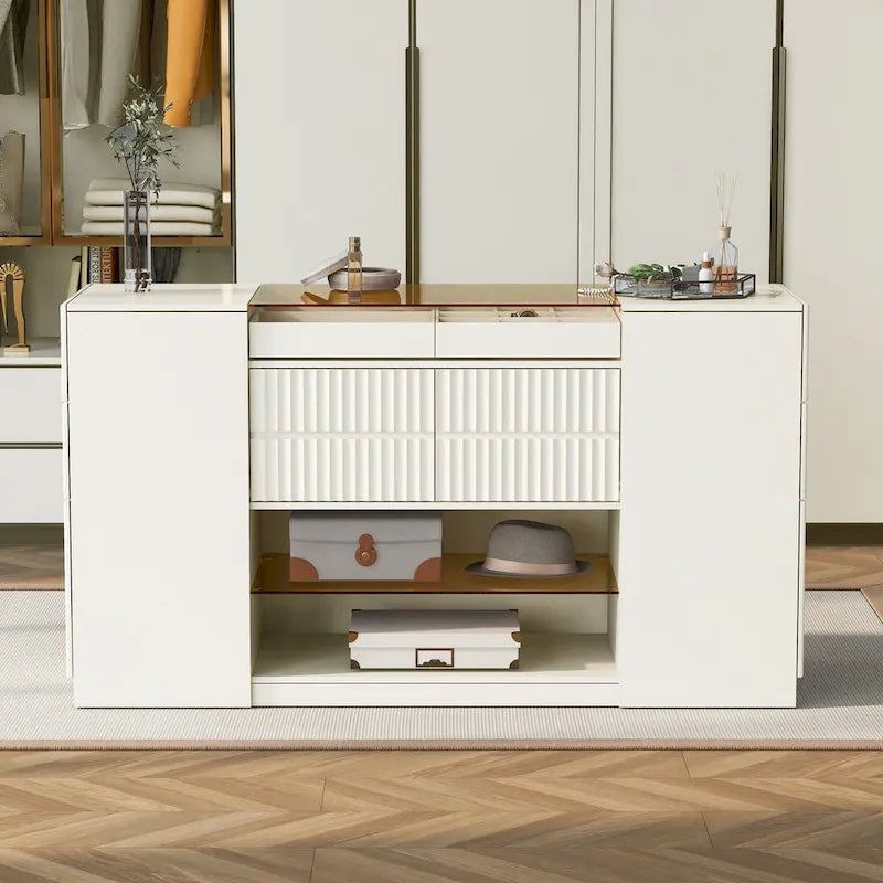Multifunktionaler Schminktisch mit Insel, Stauraumschrank, Glasplatte, Präsentationsablage und 6 Schubladen