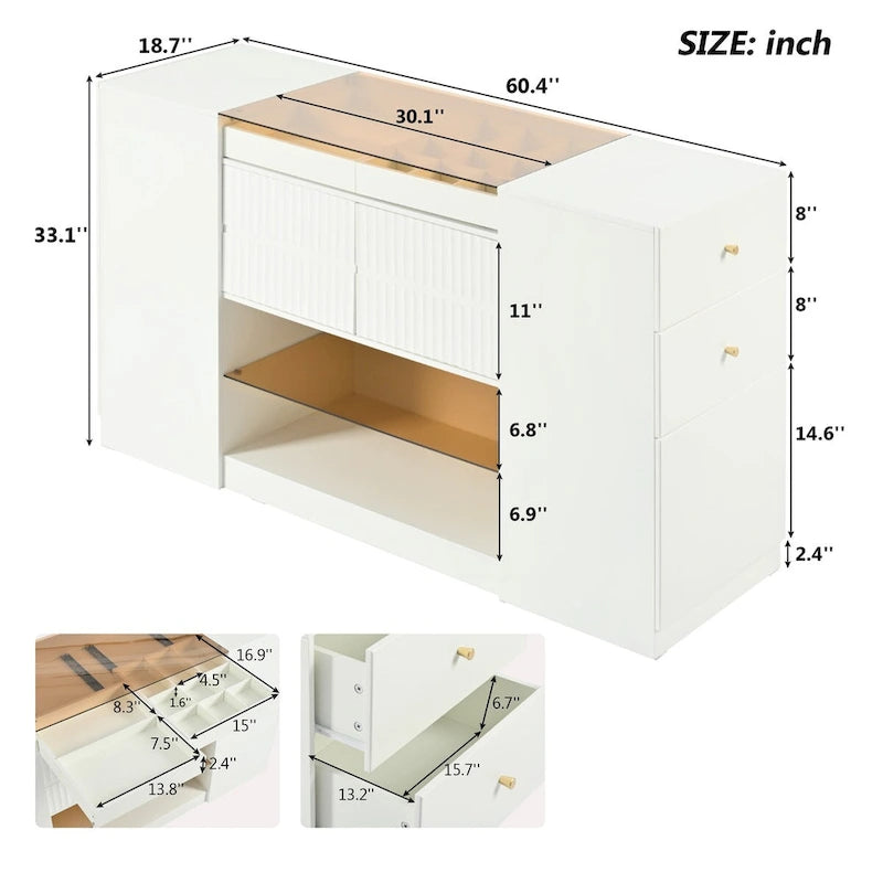 Multifunktionaler Schminktisch mit Insel, Stauraumschrank, Glasplatte, Präsentationsablage und 6 Schubladen